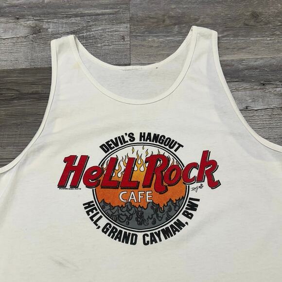 Vintage Hell Rock Cafe Devils Hangout Hell Grand Cayman Mens M Muscle Tank Shirt - Picture 1 of 8